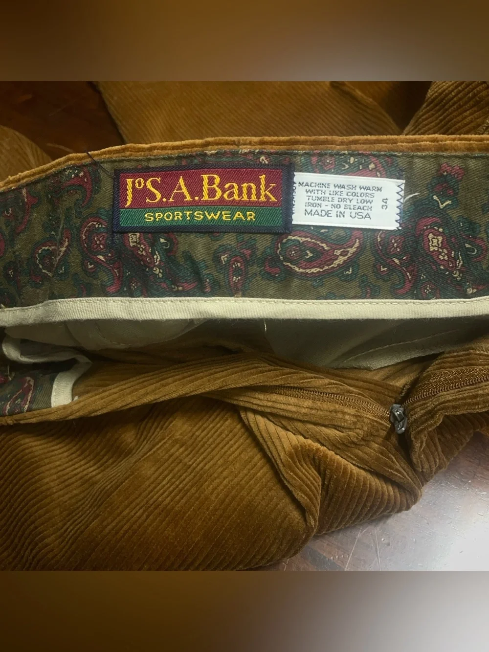 Vintage Jos. A. Bank Corduroy Pants Men's 34x30 Tan Chinos 90s Preppy Ivy League